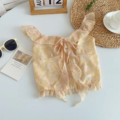 Floral Print Ruffled Camisole Top - Yellow / One Size