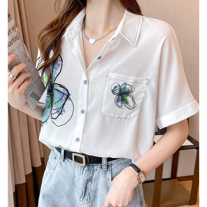 Floral Print Short Sleeve Lapel Shirt - White / M