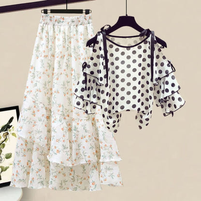 Floral Print Shoulder Chiffon Shirt Flowers Skirt - B