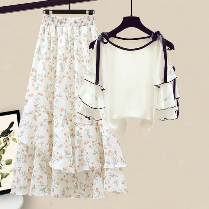 Floral Print Shoulder Chiffon Shirt Flowers Skirt - C