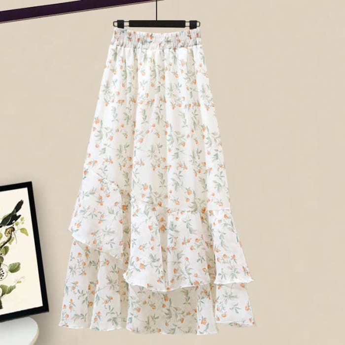 Floral Print Shoulder Chiffon Shirt Flowers Skirt - M