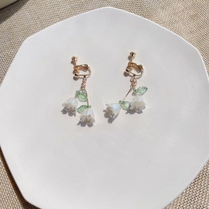 Floral Resin Alloy Dangle Earring - 02# - 1 Pair - Clip-On