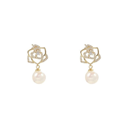 Floral Rhinestone Faux Pearl Drop Earring