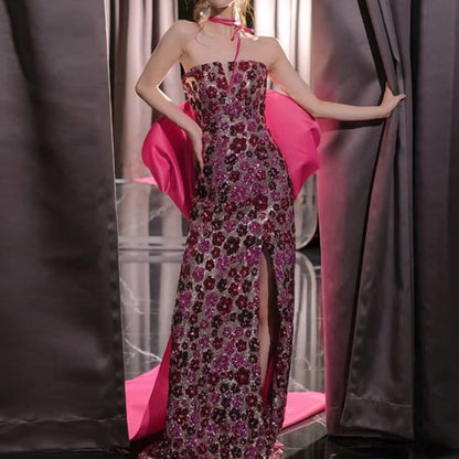 Floral Sequin Bow Back Trained Slit Mermaid Tube Evening