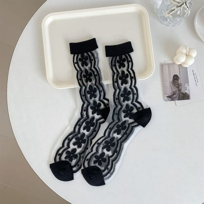 Floral Socks - Black / One Size