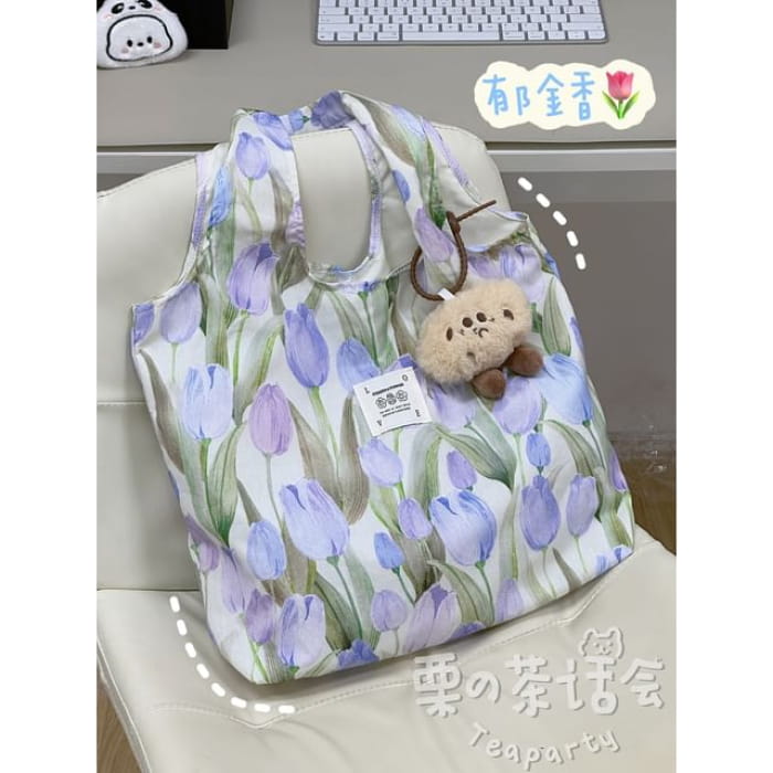 Floral Tote Bag / Charm / Set - With - Purple / One Size