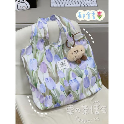 Floral Tote Bag / Charm / Set - With - Purple / One Size