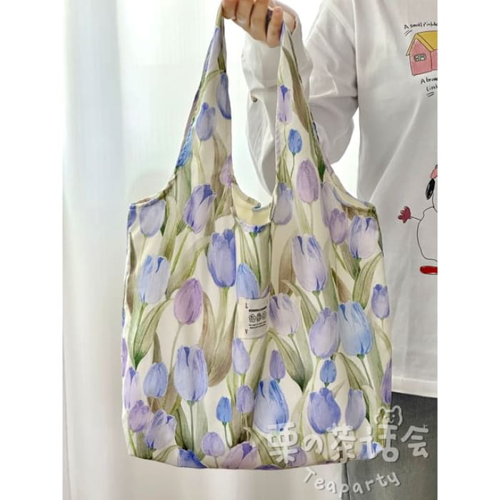 Floral Tote Bag / Charm / Set - Without - Purple / One Size