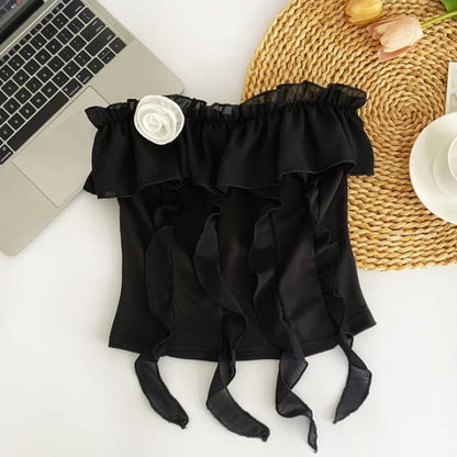 Flower Detail Ruffle Tube Top - Black / One Size