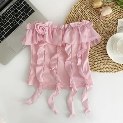 Flower Detail Ruffle Tube Top - Pink / One Size