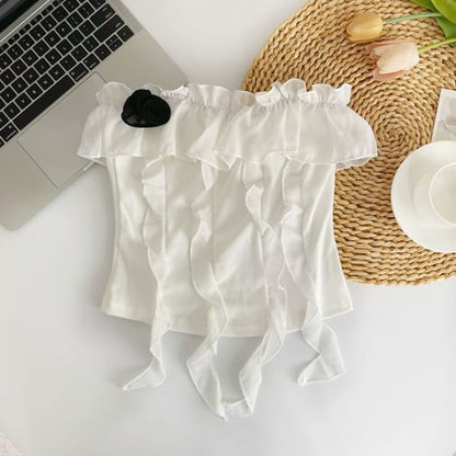 Flower Detail Ruffle Tube Top - White / One Size