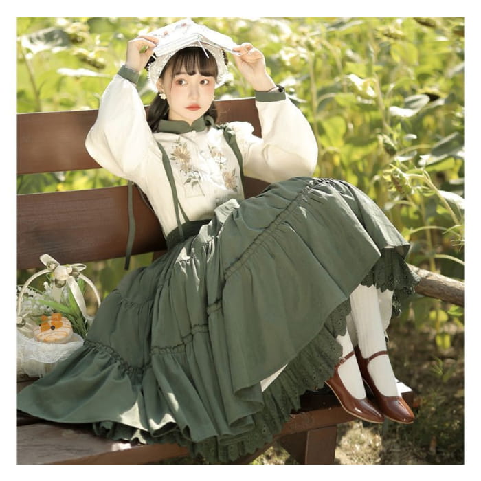 Flower Embroidered Lace Trim Lolita Blouse / Midi Jumper