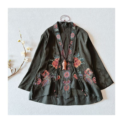 Flower Embroidered Open Front Jacket