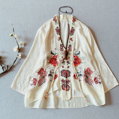 Flower Embroidered Open Front Jacket - Almond / One Size