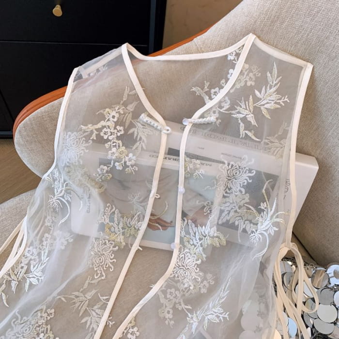 Flower Embroidered Sheer Vest - Clothing