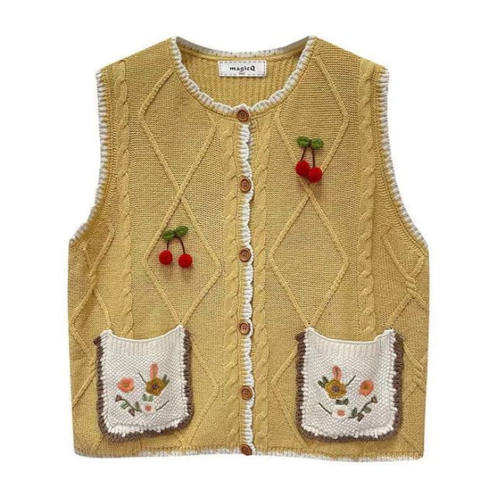 Flower Embroidered Single-Breasted Vest / Long-Sleeve Lace