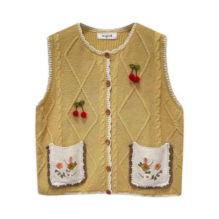 Flower Embroidered Single-Breasted Vest / Long-Sleeve Lace