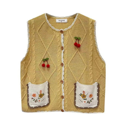 Flower Embroidered Single-Breasted Vest / Long-Sleeve Lace