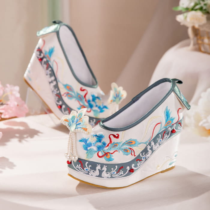 Flower Embroidery Butterfly Pearl Decor Wedge Shoes - White