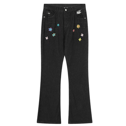 Flower Embroidery Jeans - S / Black