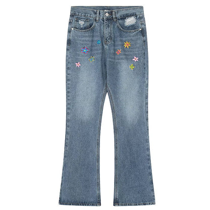 Flower Embroidery Jeans - S / Blue