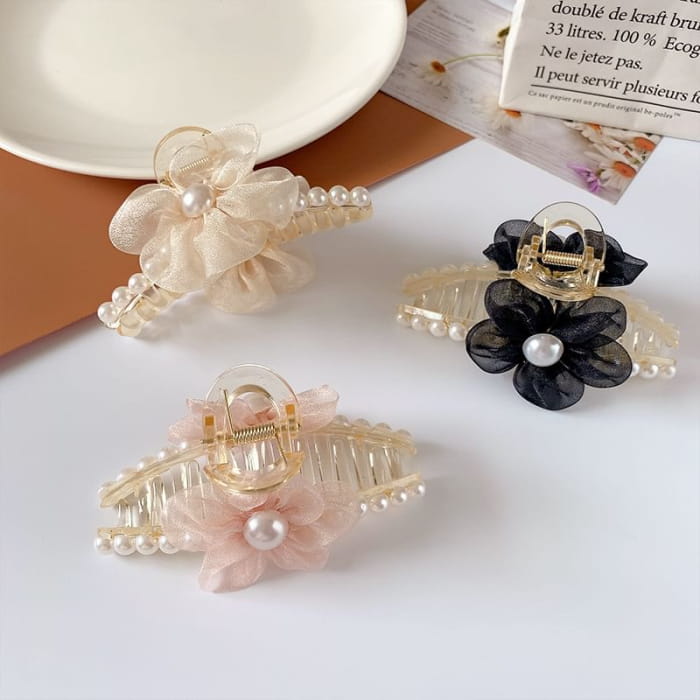 Flower Faux Pearl Hair Claw - Accessories