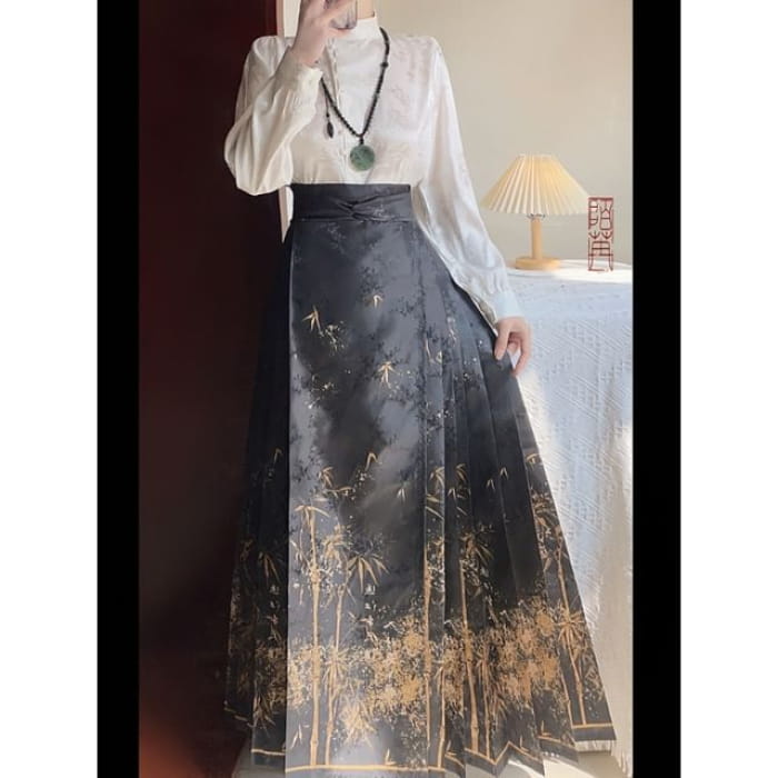 Flower Hanfu Blouse / Maxi Skirt / Set - Black / S