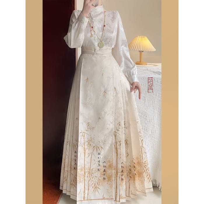 Flower Hanfu Blouse / Maxi Skirt / Set - White / S