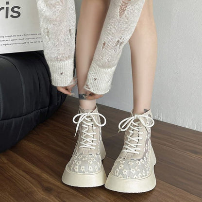 Flower Lace-Up Platform Boots