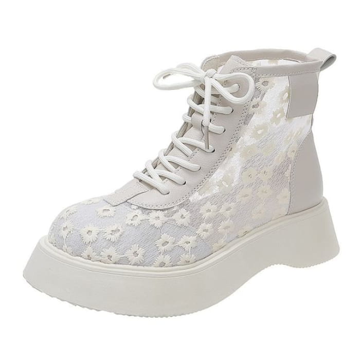 Flower Lace-Up Platform Boots - Almond / 35