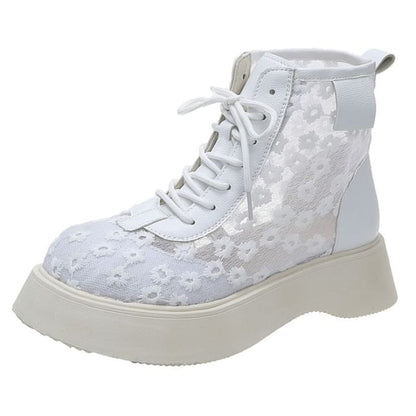 Flower Lace-Up Platform Boots - White / 35