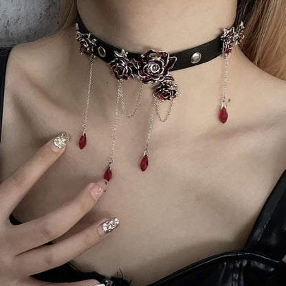 Flower Rhinestone Faux Leather Choker