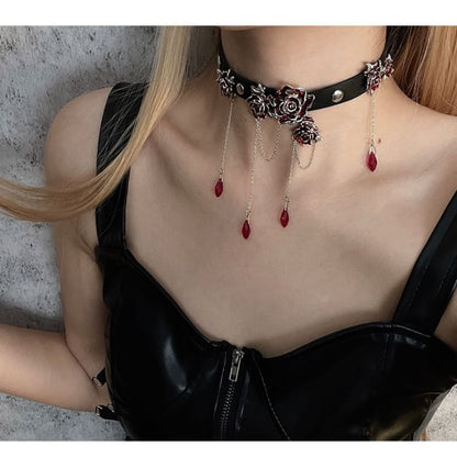 Flower Rhinestone Faux Leather Choker