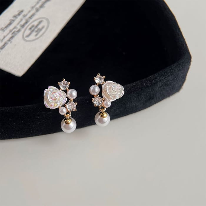 Flower Rhinestone Faux Pearl Drop Earring