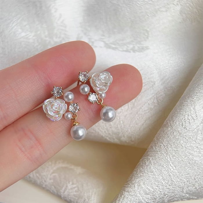 Flower Rhinestone Faux Pearl Drop Earring