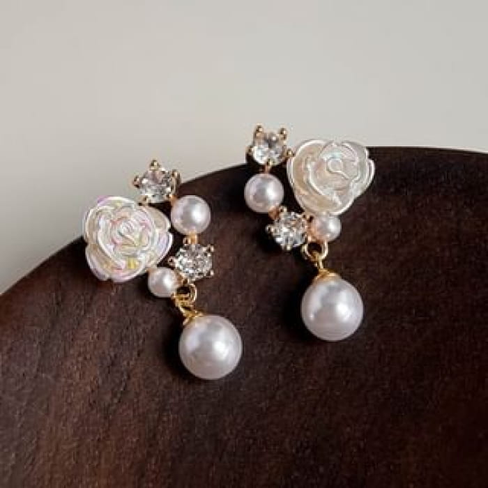 Flower Rhinestone Faux Pearl Drop Earring