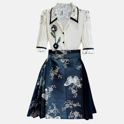 Flower Stripe Shirt Butterfly Print Skirt Set - S