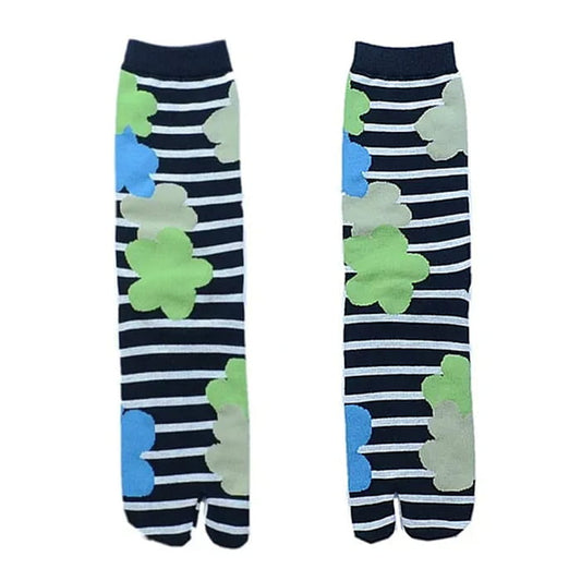 Flower Striped Tabi Socks - Blue/black