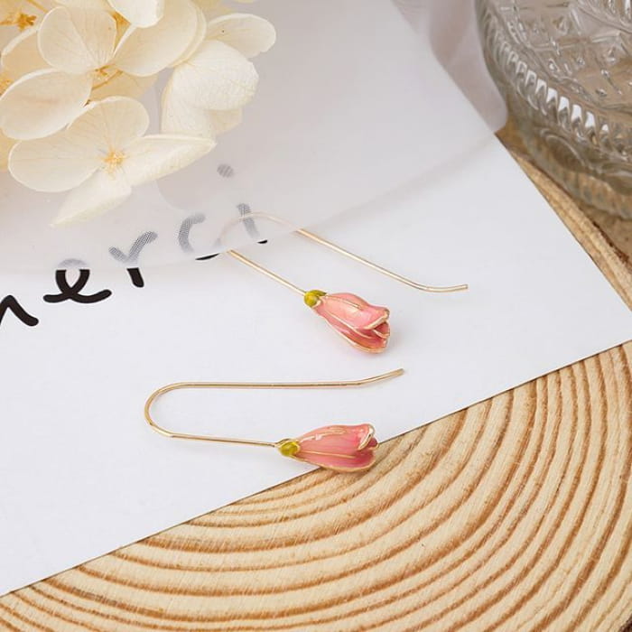 Flower Stud Earring / Drop - E3300 - 1 Pair - Gold & Pink