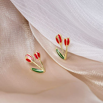 Flower Stud Earring / Drop - E4704 - 1 Pair - Gold & Red