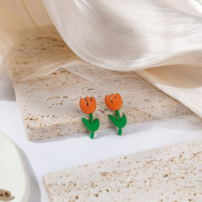 Flower Stud Earring / Drop - E5226-1 - 1 Pair - Orange &