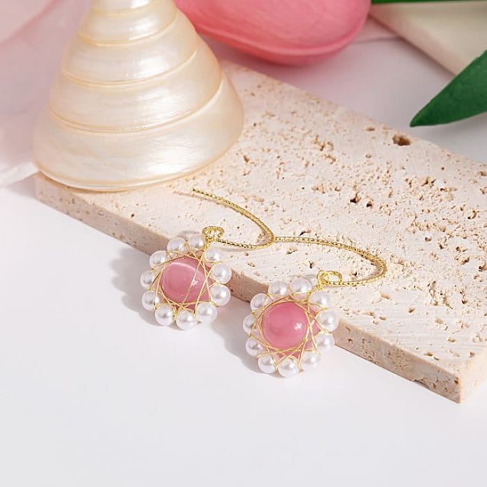 Flower Stud Earring / Drop - E5281 - 1 Pair - White & Pink