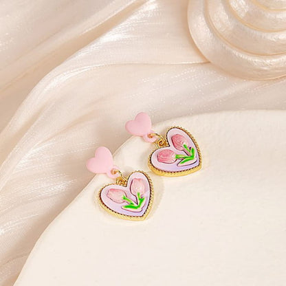 Flower Stud Earring / Drop - E5409 - 1 Pair - Pink