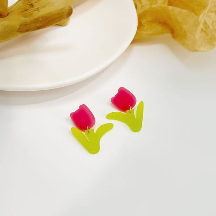 Flower Stud Earring / Drop - E5567-1 - 1 Pair - Pink &