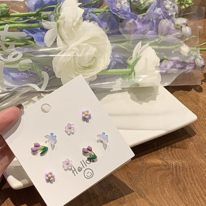 Flower Stud Earring Set - 1 of 4 Pairs - Purple / One Size