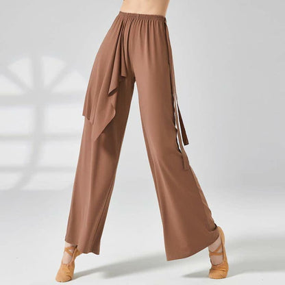 Flowy Lace Up Wide Leg Casual Pants - Khaki / M