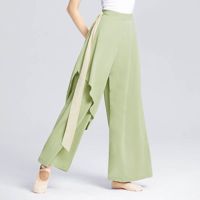 Flowy Ribbon Lace Up Wide Leg Pants - Green / M