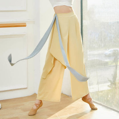 Flowy Ribbon Lace Up Wide Leg Pants - Yellow / M