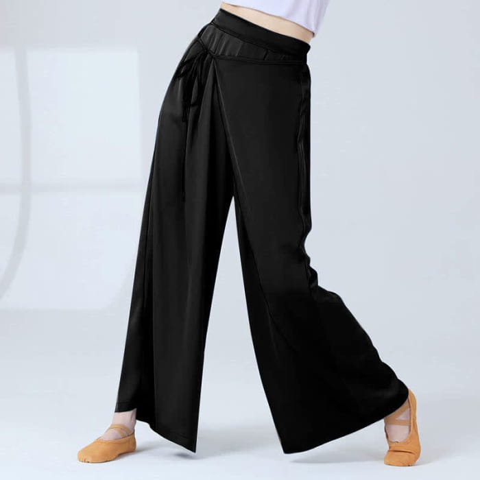Flowy Silk Lace Up Wide Leg Pants - Black / M