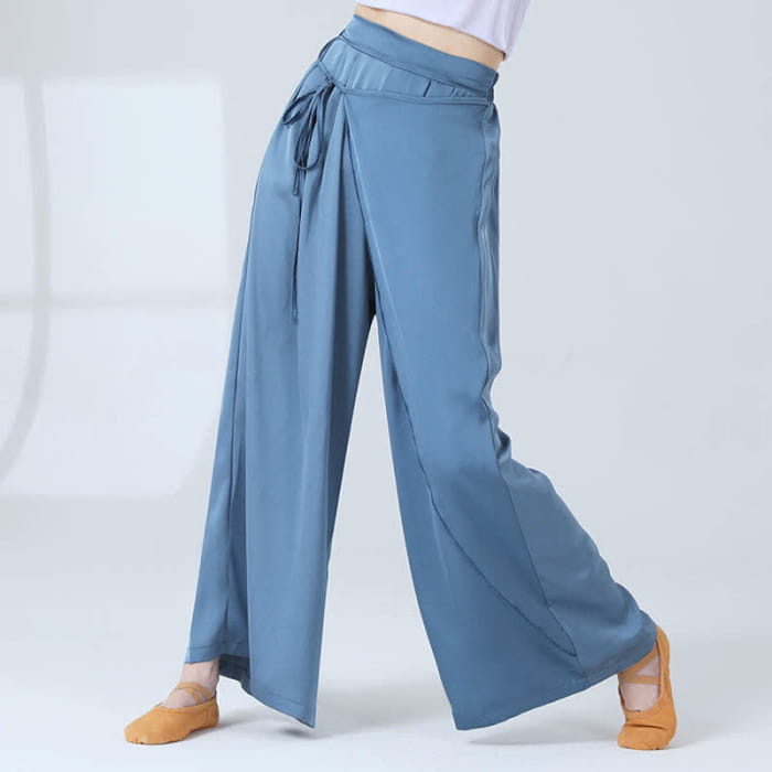 Flowy Silk Lace Up Wide Leg Pants - Blue / M